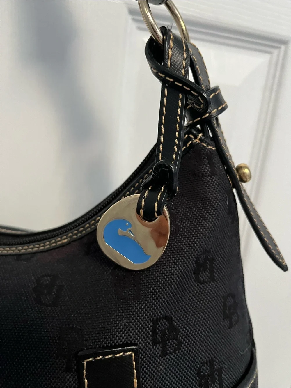 Dooney & Bourke black monogram canvas hobo handbag snap pockets Blue Duck READ